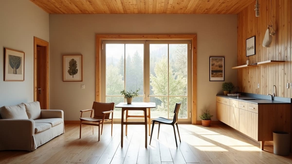 Intérieur lumineux d’une maison française à ossature bois, avec parquet clair et grande fenêtre sur un bardage en bois