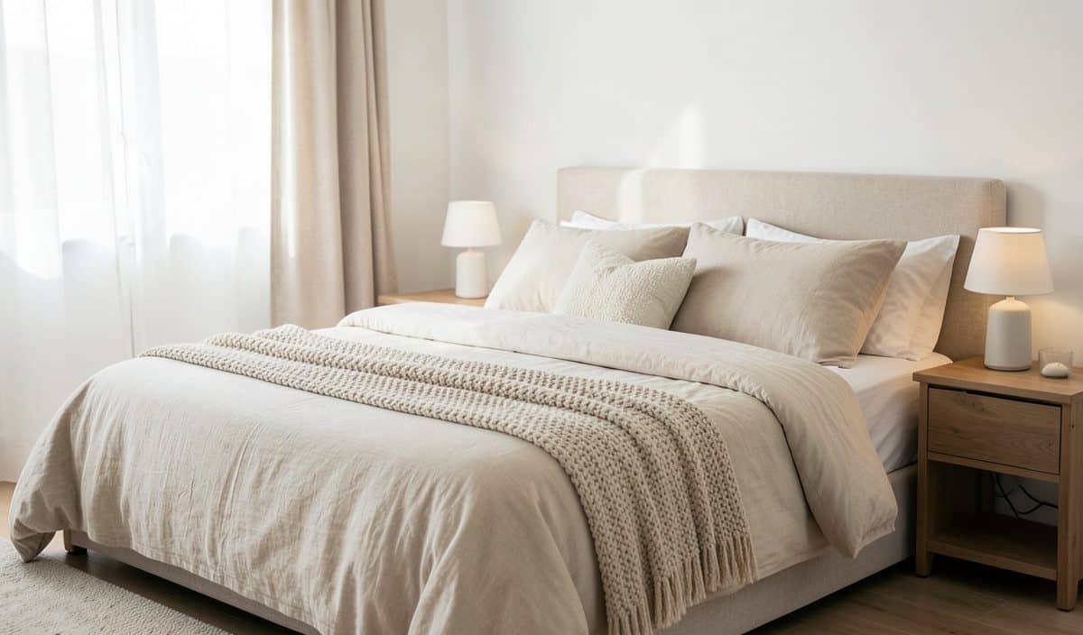 Chambre cocooning en beige et blanc