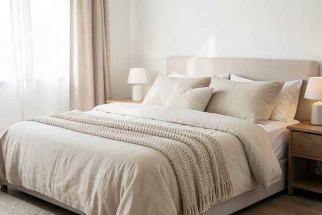 Chambre cocooning en beige et blanc